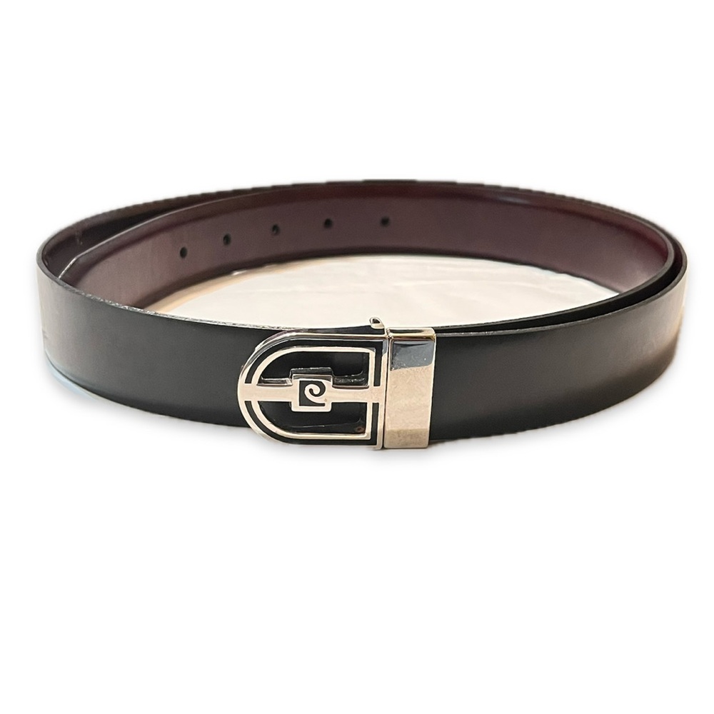 Pierre Cardin Reversible Leather Belt: Black/Brown, Silver Buckle, Size 38-42